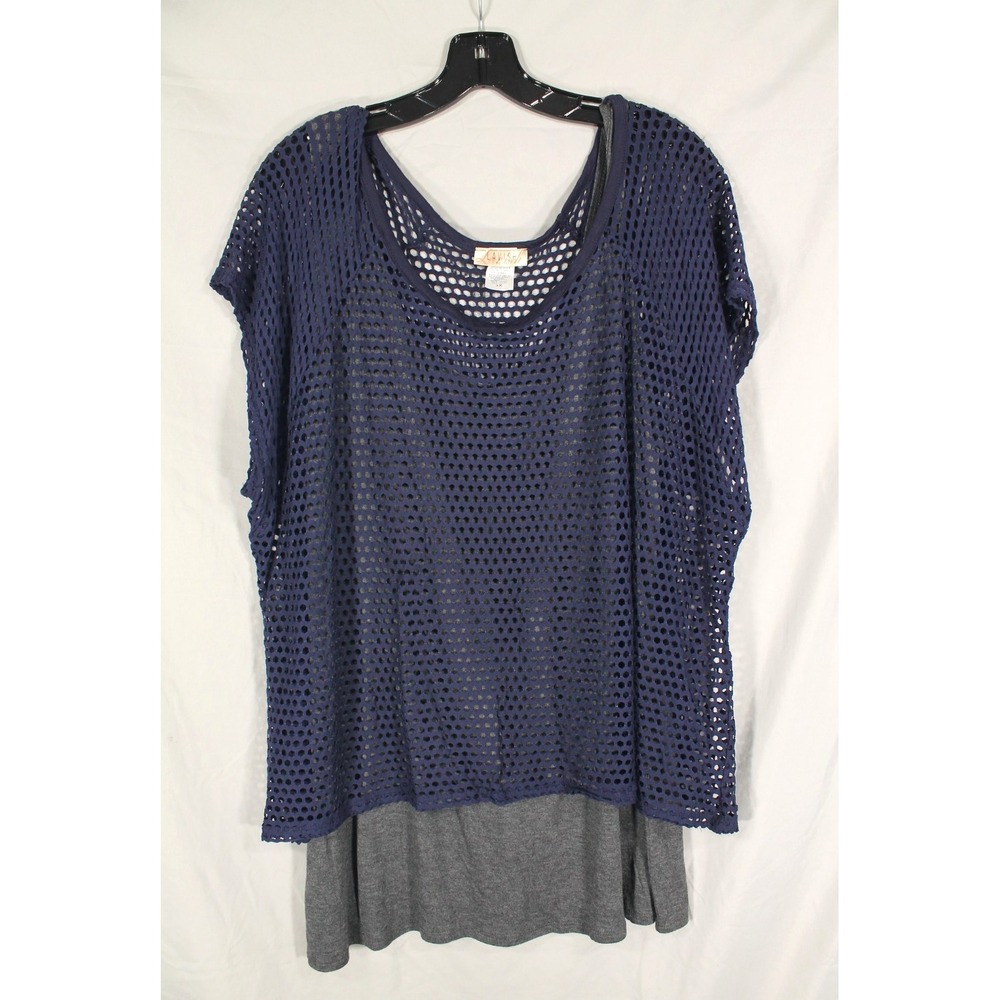 LAVISH Gray JERSEY KNIT w/Navy FISHNET OVERLAY Layered ROUND NECK Blouse/Top 2X